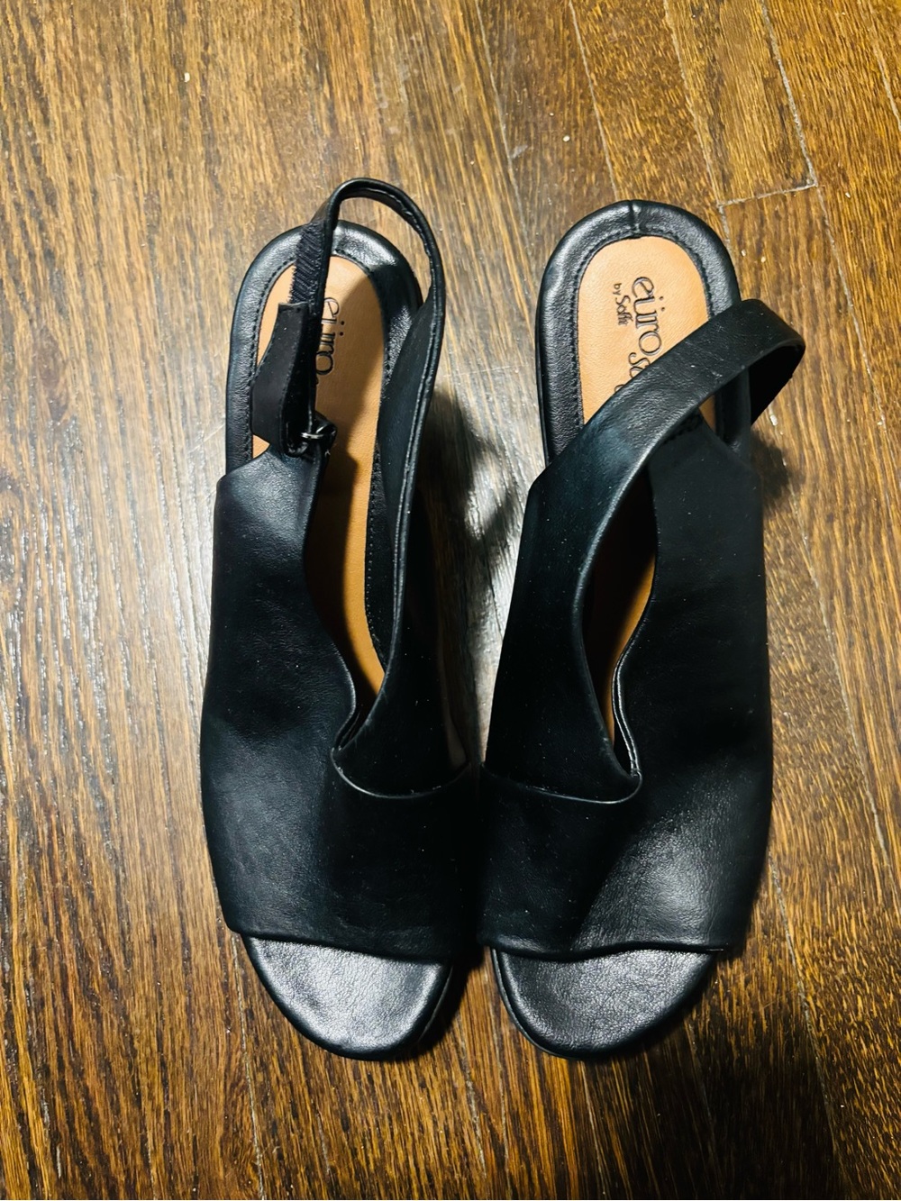 EURO SOFT, Black Leather Slingback Sandal Heels, Size 10